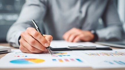A person writing on a document with charts and graphs.