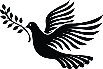 A black silhouette of a dove carrying an olive branch in flight
