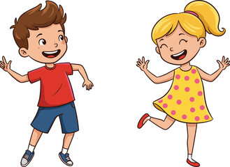 Happy cartoon children, smiling boy and girl, kids playing, cheerful childhood illustration, fun character design, joyful kids clipart, cute vector drawingHappy 