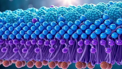 Cell membrane lipid bilayer molecular structure biology science closeup blue purple 3D render detailed abstract educational glowing light phospholipid
