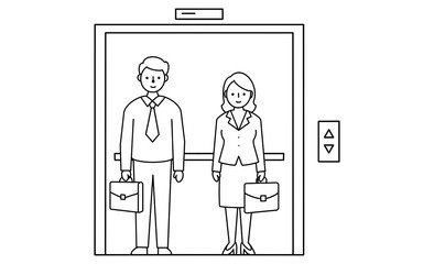 エレベーターに乗る男女ビジネスパーソンのアイコンイラスト