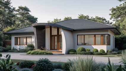  a modern architectural style house with a single-story layout. The structure features a sleek, minimalist design with a prominent use of clean lines and a neutral color palette. 