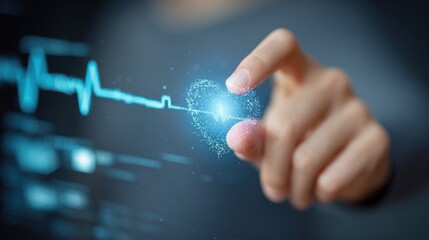 A hand touching a glowing heart on a digital interface.