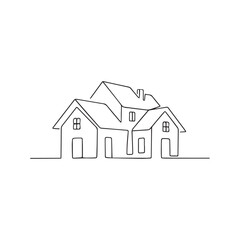 Continuous one line drawing of a residential house. Minimalist home building concept for real estate logo. Modern architecture vector illustration.
