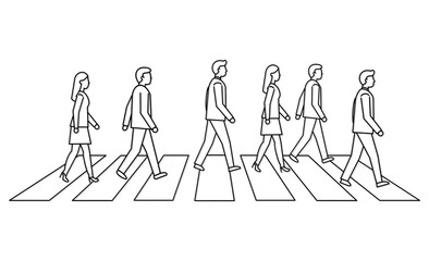 横断歩道を渡るビジネスパーソンたちの線画イラストアイコン