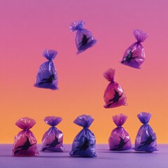 Colorful plastic bags floating and stacked in a surreal composition with vibrant pink and orange gradient background creating a whical and dynamic visual scene