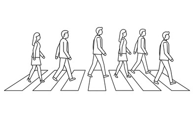 横断歩道を渡るビジネスパーソンたちの線画イラストアイコン