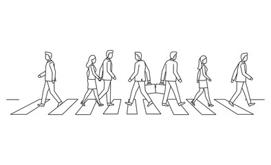 横断歩道を渡るビジネスパーソンたちの線画イラストアイコン