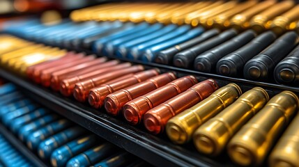 Naklejka premium Rows of colorful metal cylinders with artistic macro shot, business concept, industry, and detail.