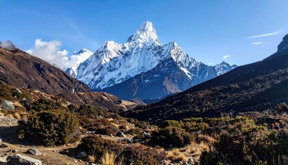 Obraz premium Snowy jagged mountain peak rises above a valley with autumnal vegetation under a blue sky, forming a breathtaking alpine vista