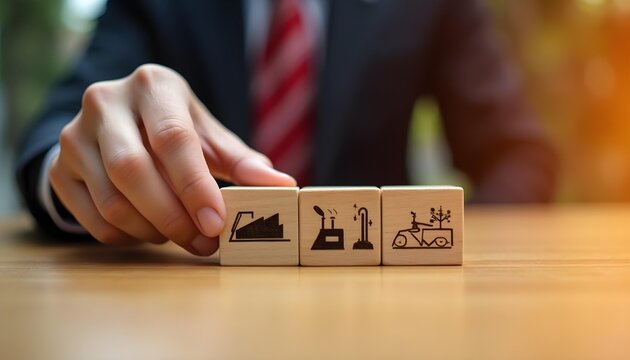 Wooden Blocks Displaying Sustainable Symbols Arranged by Hand