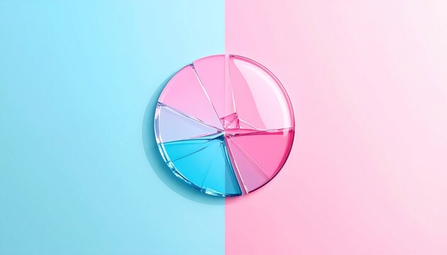 Glassy pie chart, divided into blue/pink sectors, is split across split color backdrop. Reflective, transparent, modern & minimalist style