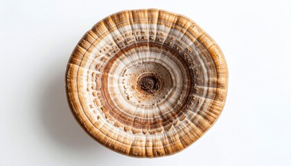 Circular, wood-grain pattern with layered brown and beige rings radiating from a center, set against a white background