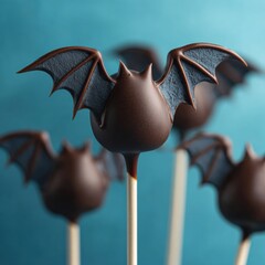 Delicious Halloween themed chocolate bat lollipops with detailed wings and cute bat shape on wooden sticks for festive celebrations and spooky treats