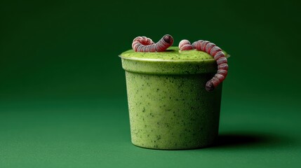Green plant-based smoothie with a textured surface in an eco-friendly cup featu realistic realistic slimy worm and beverage against vibrant green background