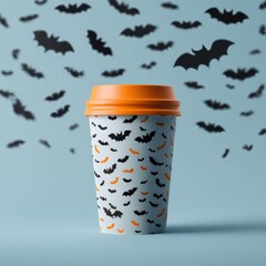 Coffee cup with bat silhouette pattern and orange lid, surrounded by flying bats on a light blue background, festive Halloween themed drink container design