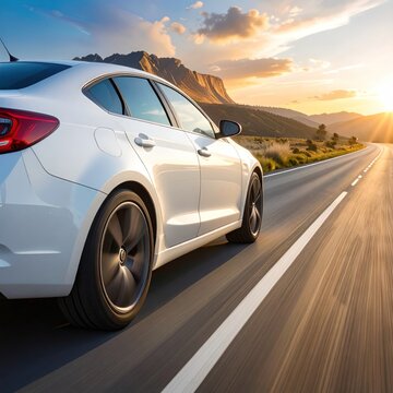 White car speeds on an open highway into the sunset, with rolling mountains in the distance, capturing a sense of freedom and adventure
