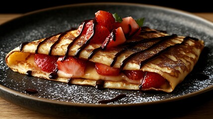 Strawberry Crepe Delight Decadent dessert with berries and chocolate drizzle.