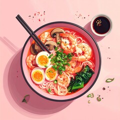 A vibrant bowl of shrimp ramen with boiled eggs, mushrooms, greens, and scallions, served with chopsticks and a soy sauce dish on a pink surface