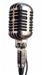 A chrome vintage-style microphone, center-framed against a crisp white backdrop, showcasing its classic, retro design and intricate metal detailing