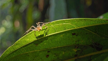 Naklejka premium A tan spider stretches across a bright green leaf illuminated by sunlight, with a forest background blurred into soft bokeh