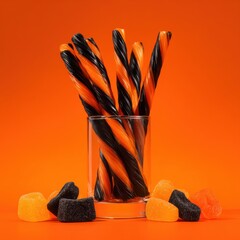 Delicious twisted orange and black striped licorice candies in a clear glass on vibrant orange background with scattered colorful gummy candies