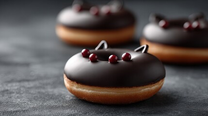 Close-up view of three glossy chocolate glaze donuts with red berries on top arranged on a dark textured surface for dessert photography