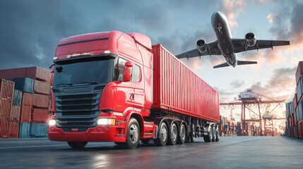 A red truck with a trailer driving through a port with a cargo plane flying overhead.