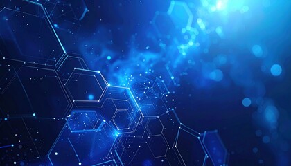 Abstract hexagonal network in vibrant blue, connecting points with light, evoking technology, data, and digital connectivity in a dynamic composition
