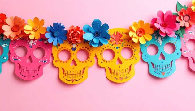 Colorful sugar skull garland with paper flowers on pink background, embodying a celebratory, handcrafted Dia de los Muertos spirit