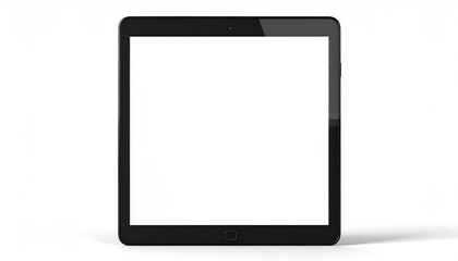 Black tablet with blank white screen displayed upright against a bright white background, casting a soft shadow. Minimalist tech