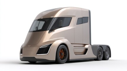 A futuristic, sleek, beige and black semi-truck with a futuristic design, featuring a large front grille, sleek lines, and a modern, aerodynamic shape.