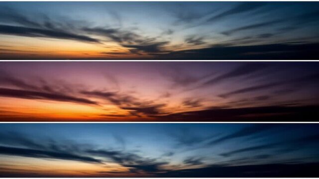 A triptych displays three sunset cloud formations in various hues The sky transitions from blueorange to purpleorange and then to blueorange