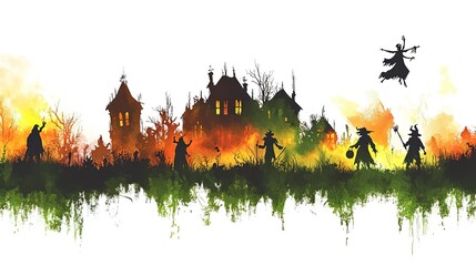 Obraz premium Silhouettes of Witch - costumed Kids Holding Jack - o - lanterns on a Halloween Night with Bats and Full Moon