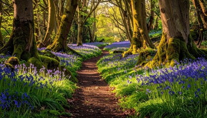 Sunny forest path lined with bluebells. Green trees line the path which leads deeper into the wooded area during daytime sunlight hours