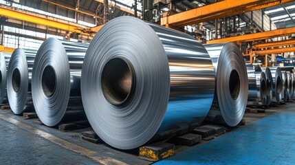 Rolled metal coils in industrial warehouse