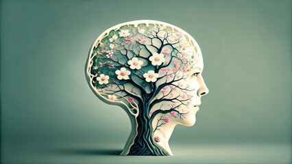 Human brain tree blooming for self care concept. A conceptual illustration of a tree emerging from a human head.