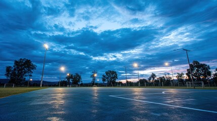 Empty court under cloudy dusk sky