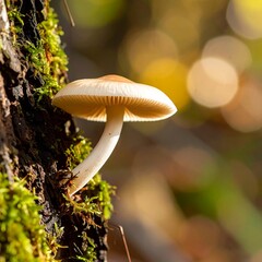 Tiny mushroom on mossy tree trunk