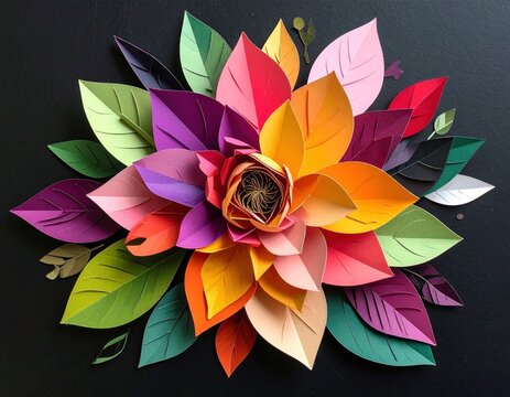 Vibrant paper flower explosion A spiraling bloom surrounded by colorful layered leaves on a black backdrop. Warm and cool colors blend beautifully - Powered by Adobe