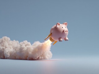 A pink piggy bank with a rocket booster, propelled forward amidst white smoke, against a soft blue background, evoking financial growth