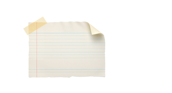 Blank piece of lined note paper with torn edges and a curled corner, secured by tape, isolated on a clean white background, perfect for adding text or designs