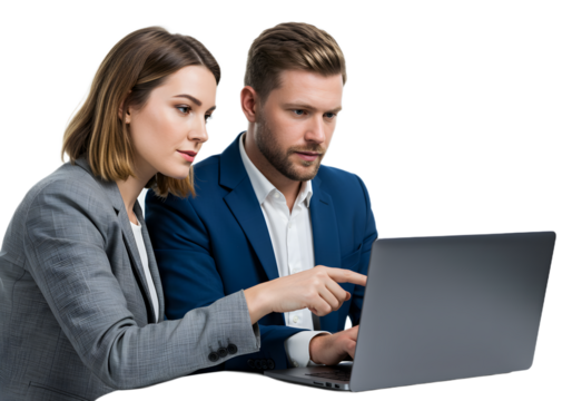 A man and woman in business attire collaborating over a laptop, focusing on a shared task