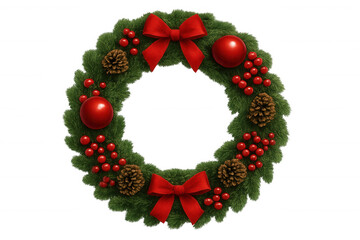 Christmas wreath decorating door or wall for holiday season, pine cones, red berries and bows, transparent background