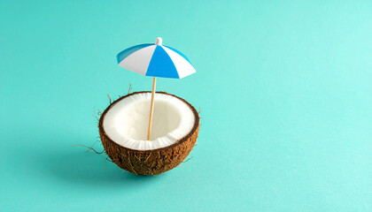 Tropical Coconut Dream: A refreshing half coconut rests serenely, crowned with a charming miniature umbrella against a vivid backdrop, suggesting summer escape and the spirit of relaxation.