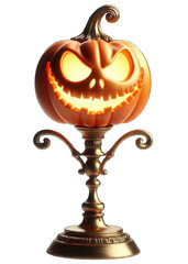 Striking  jack-o'-lantern with sinister grin glowing on elegant golden lamp base with transparent background. Suited for spooky merchandise, apparel, Halloween decor