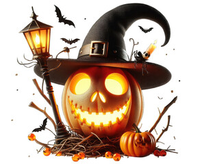 Vibrant  jack-o'-lantern with wide grin wearing witch hat beside broom and glowing lantern with bats on transparent background. Great for tees, prints, spooky holiday decor