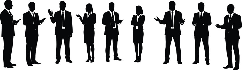 Silhouette group of business people standing, discussing ideas, teamwork collaboration, corporate meeting, professional communication, office management, leadership success, strategy planning.