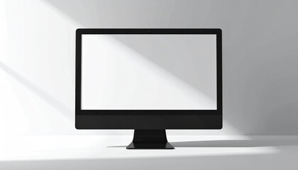 Black monitor with a blank white screen stands on a white surface, bathed in sunlight casting shadows against a neutral backdrop
