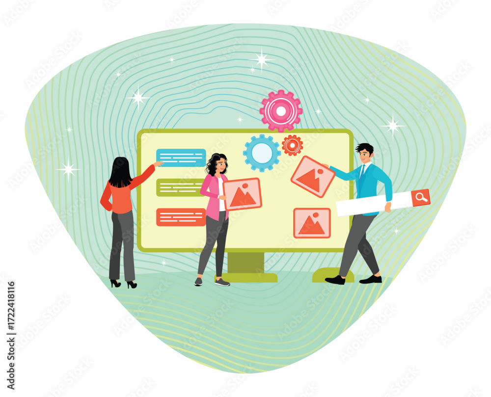 Wall mural customizable software development concept. hands help building website on computer screen.